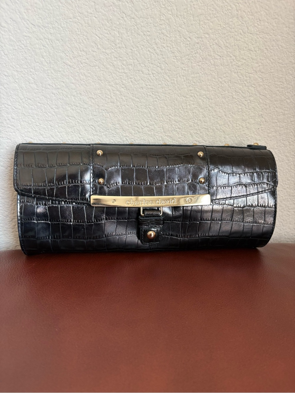 Charles David Black Croc-Embossed Leather Clutch with Gold Hardware